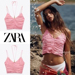 Zara Linen Blend Ruched Halter Tie Top